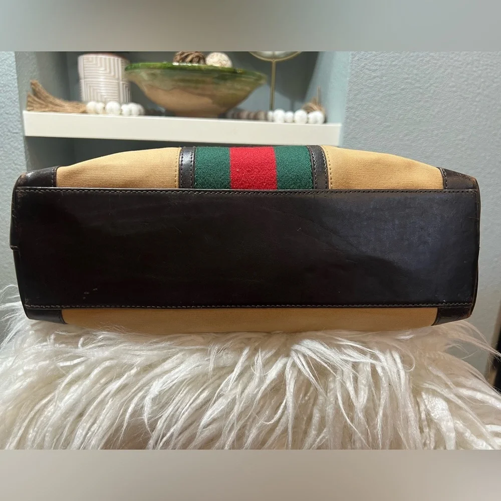 GUCCI Web Sherry Line Tote Bag Canvas Leather Purse- 💎Authenticated 💎 - Picture 8 of 16